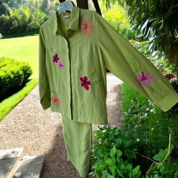 VINTAGE LAURA ASHLEY (14 / L)  2pc. Silk/Linen Green w flower Jacket and… - Picture 2 of 11